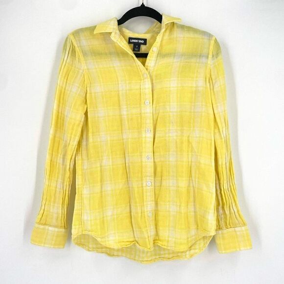 Lands' End Womens Plaid Checked Cotton Long Sleeve Button Up Shirt Yellow Size 2 - Picture 2 of 12